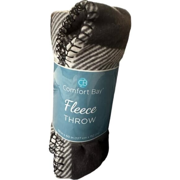 Comfort Bay Fleece Throw Blanket 50"x60" Black & White Striped Polyester - Picture 2 of 3
